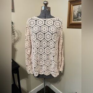 Solitaire Womens Open Crochet Bohemian Top- Large- Cream, Boho, Quiet Luxury